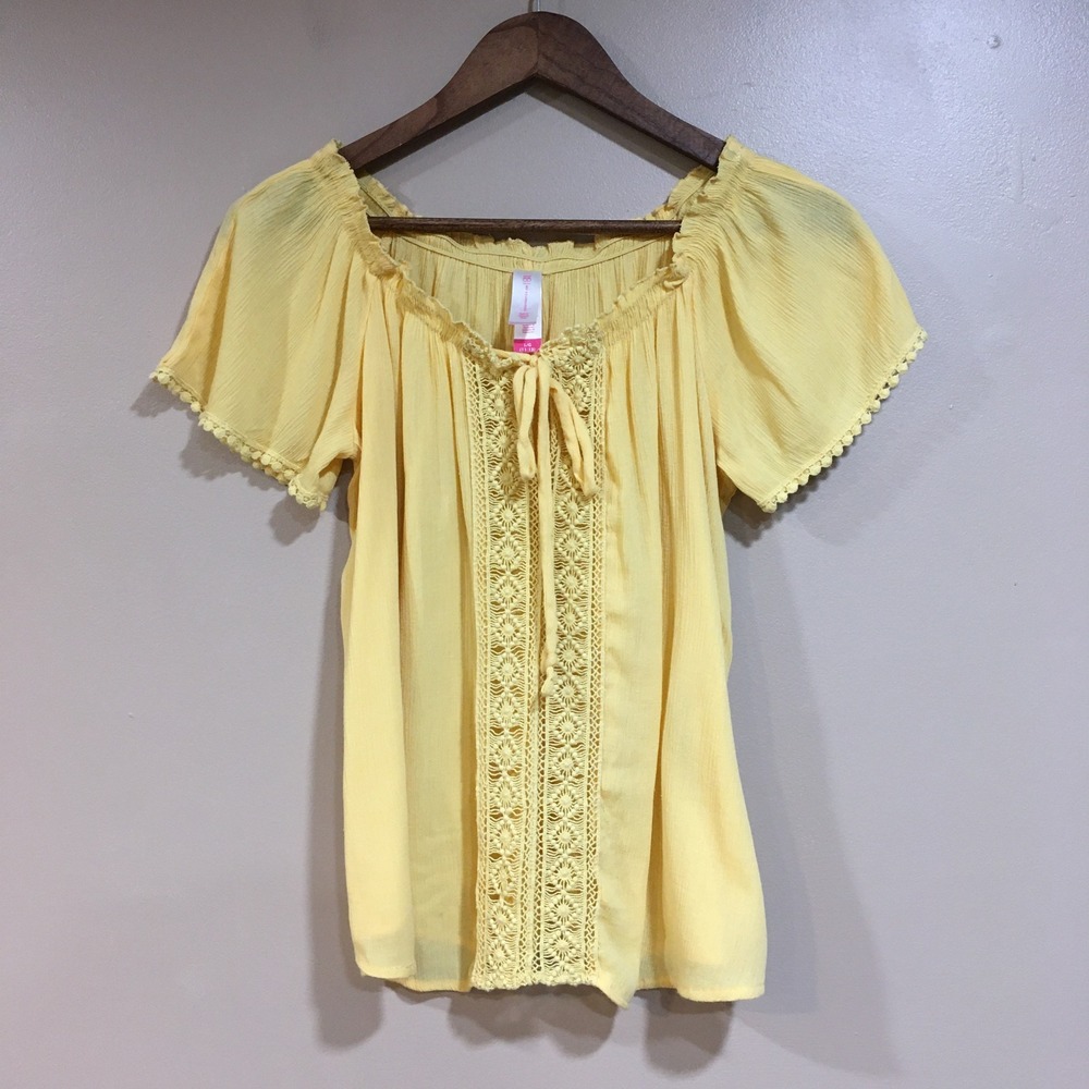 Crochet Lace Trim Peasant Top Womens L Butter Yellow Boho Cottage Milkmaid Airy